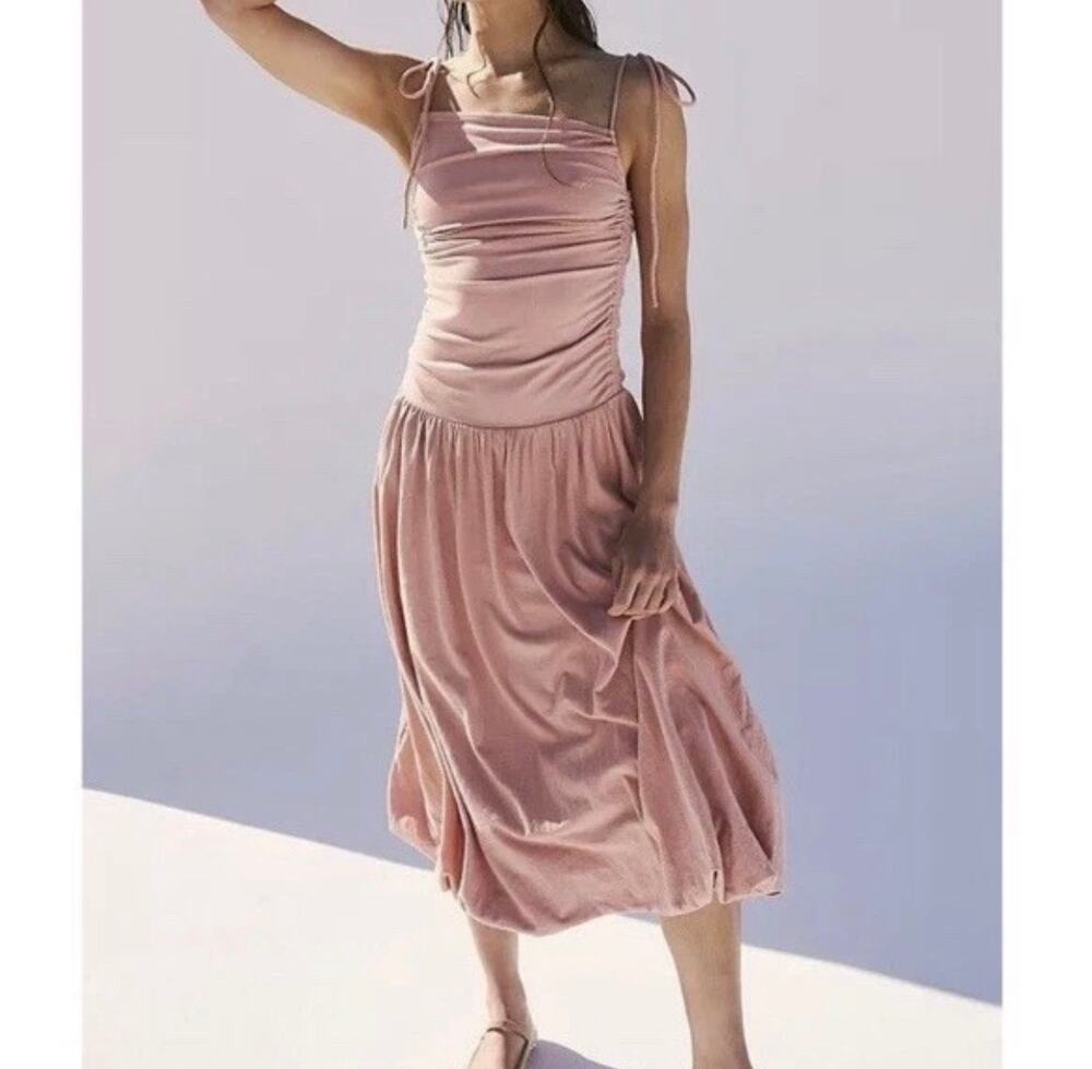 Free People FP Beach Liza Drop-Waist Ruched Bubble Hem Midi Dress Pink size XL